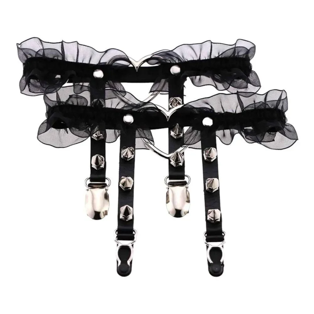Black Leather Lace Thigh Harness Silver Heart Spiked Legwear Garter Belts - NEW